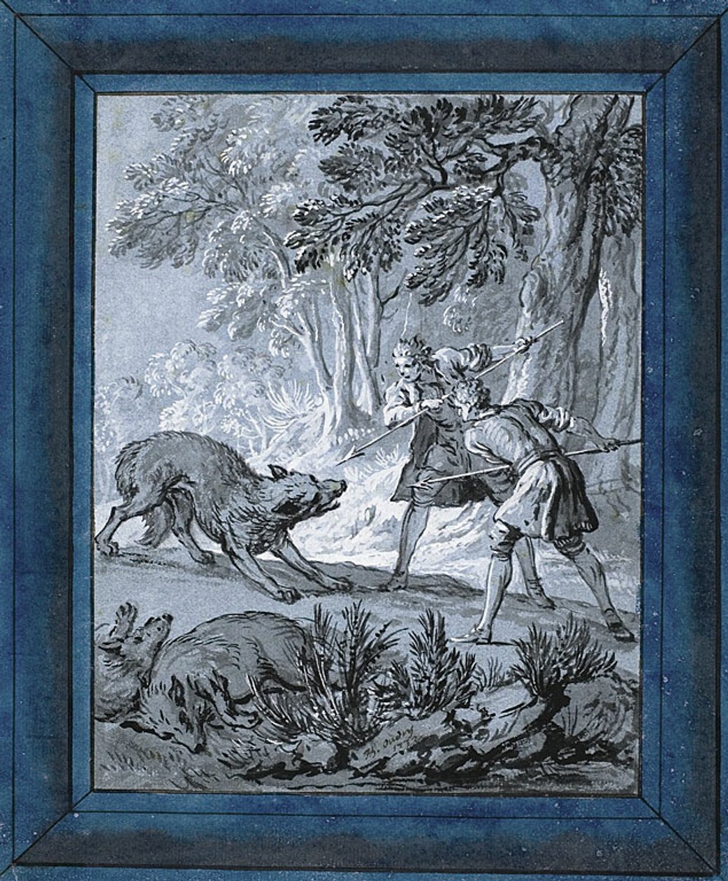Miehet hyökkäävät susien kimppuun ("Rien de Trop III") tekijältä Jean Baptiste Oudry