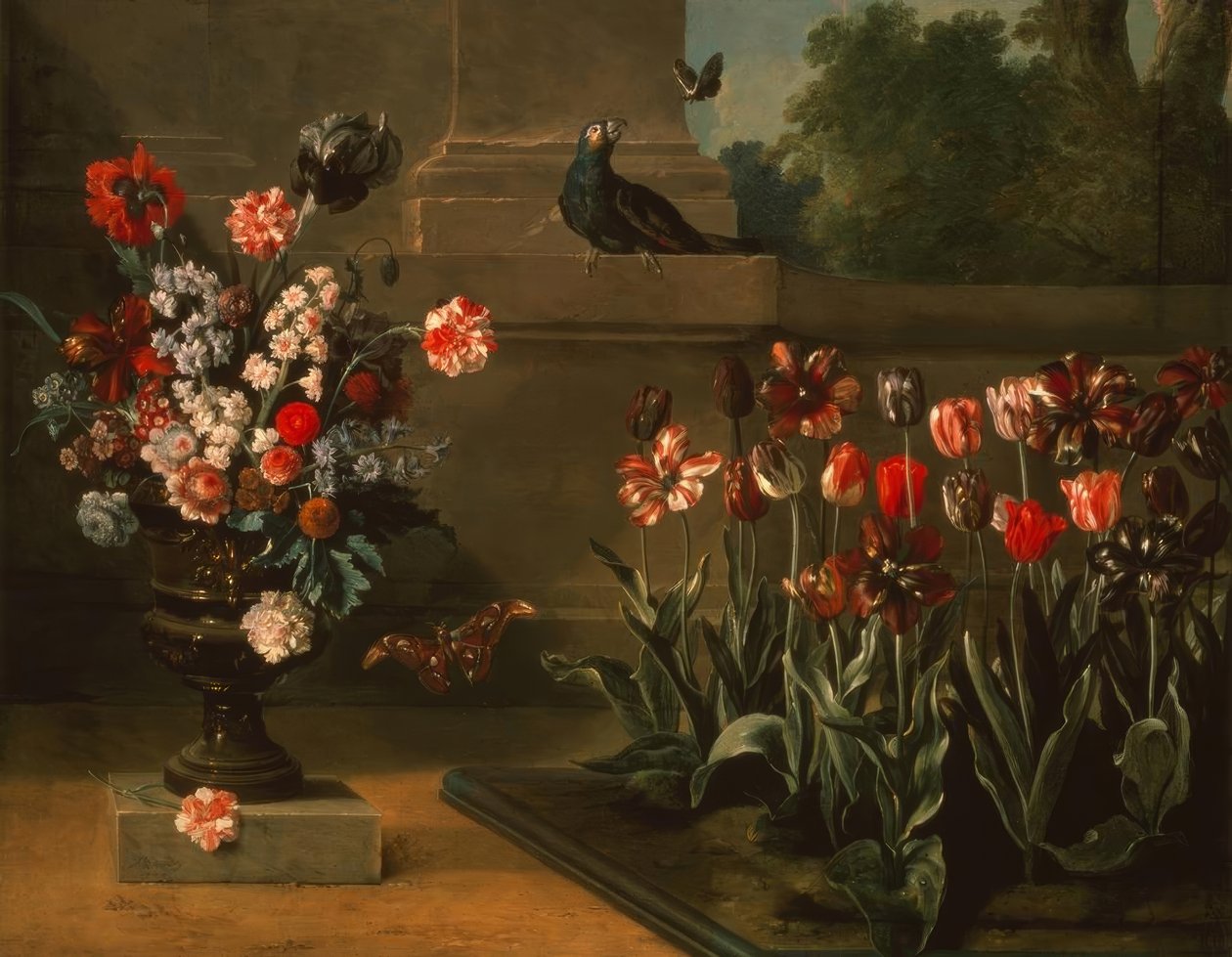 Tulppaanisänky ja kukkamaljakko seinän juurella tekijältä Jean Baptiste Oudry