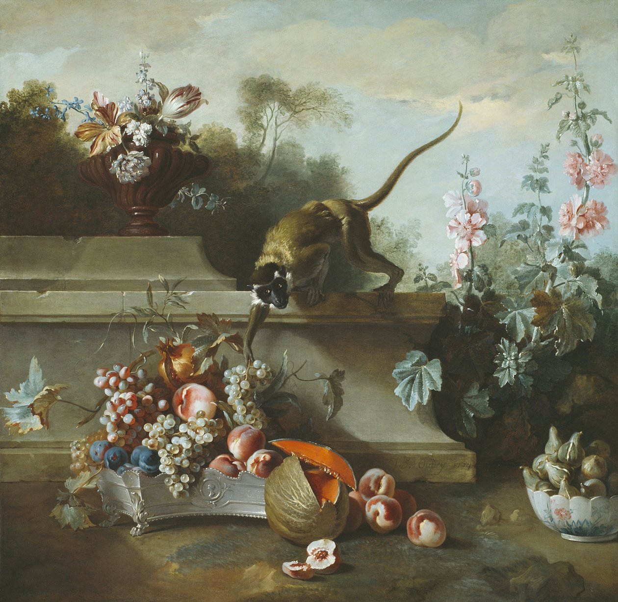 Asetelma apinoiden, hedelmien ja kukkien kanssa, 1724 tekijältä Jean Baptiste Oudry