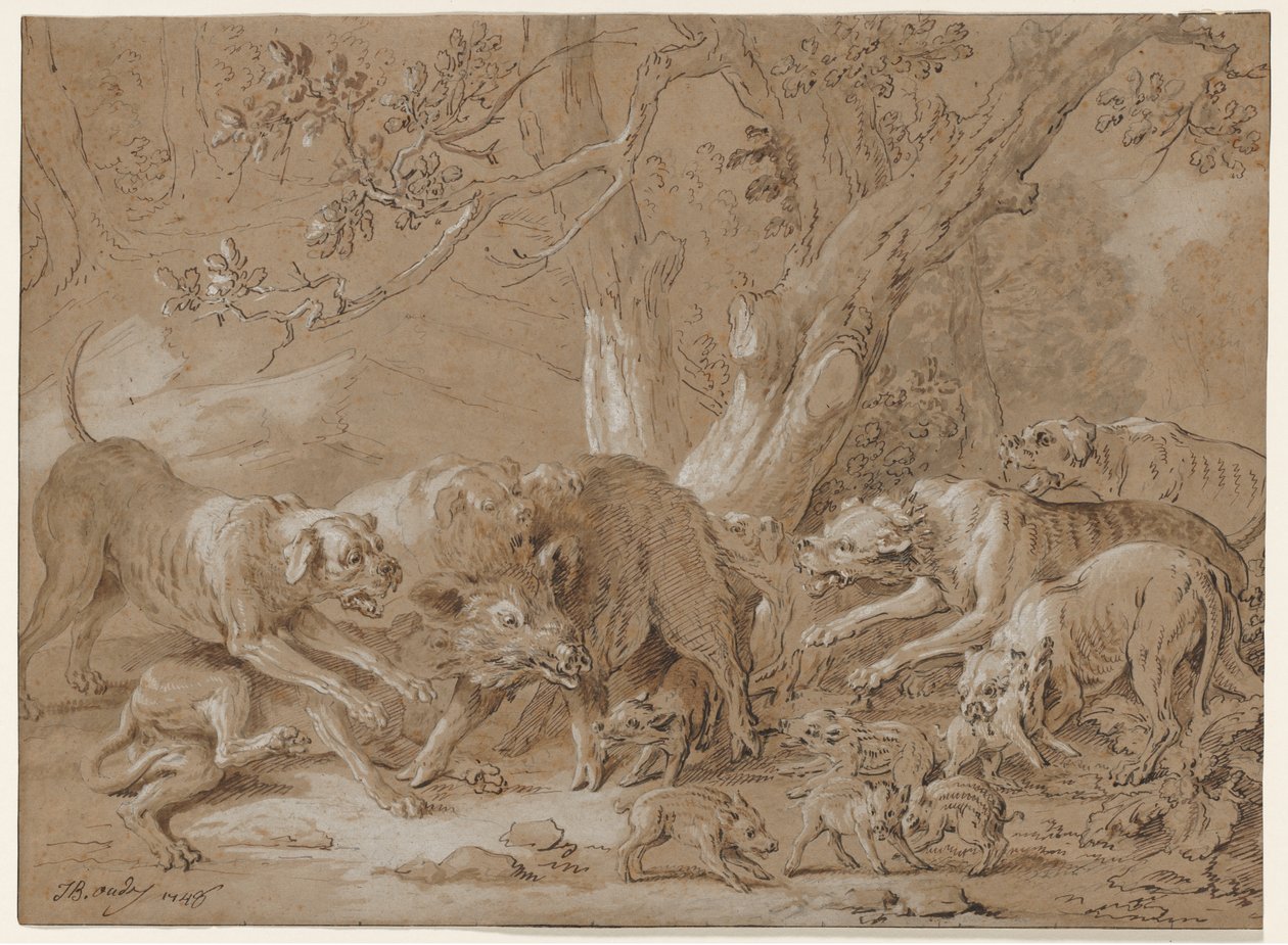 Villi emakko ja hänen poikansa koirien kimppuun tekijältä Jean Baptiste Oudry