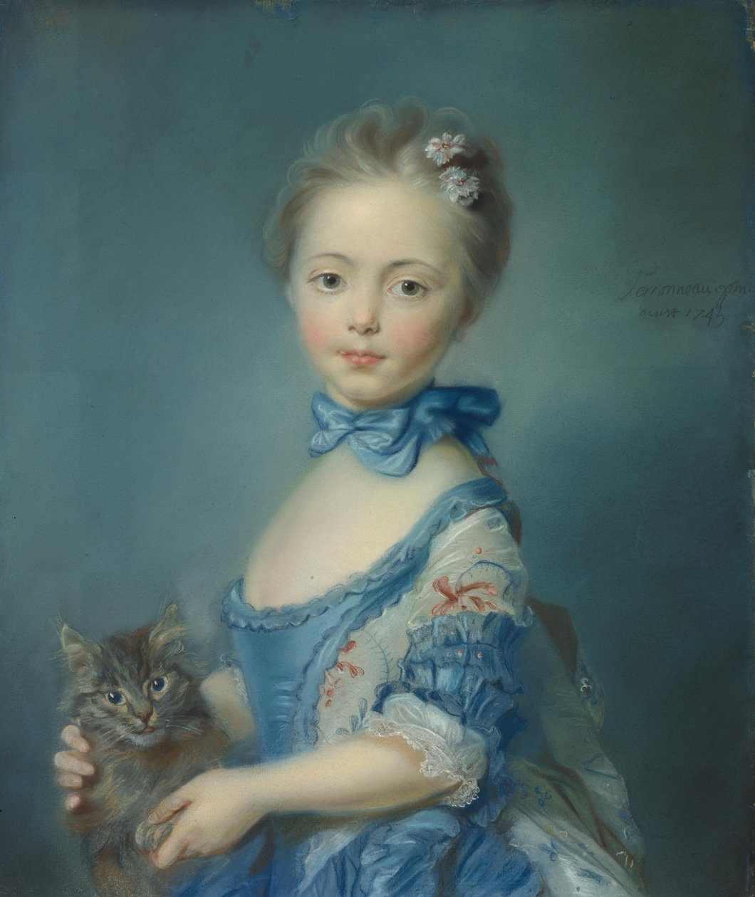 Tyttö kissanpennun kanssa, 1745 tekijältä Jean Baptiste Perronneau