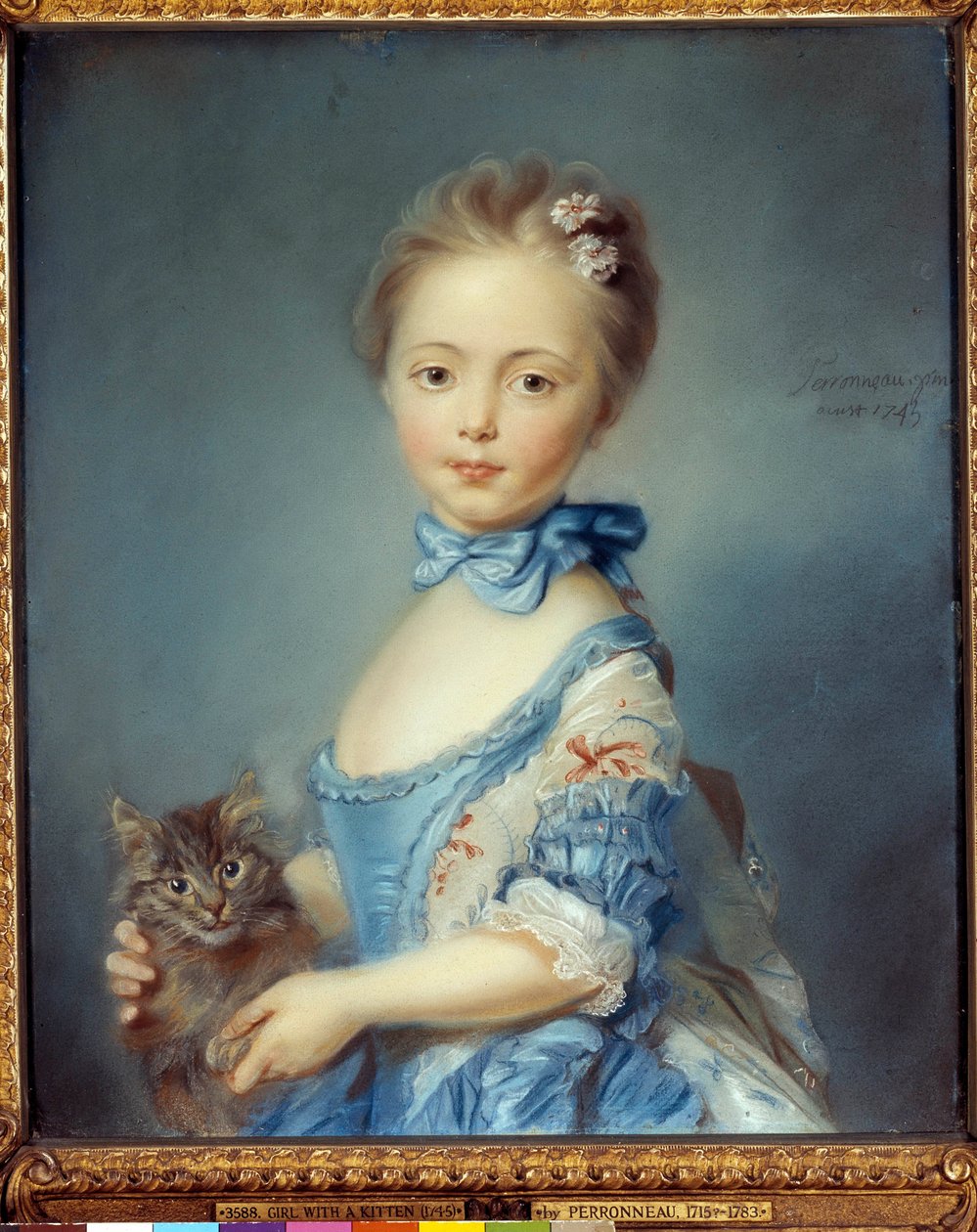 Muotokuva nuoresta tytöstä kissan kanssa Jean-Baptiste Perroneaun pastellivärinen maalaus (Jean Baptiste Perronneau) (1715-1783) tekijältä Jean Baptiste Perronneau