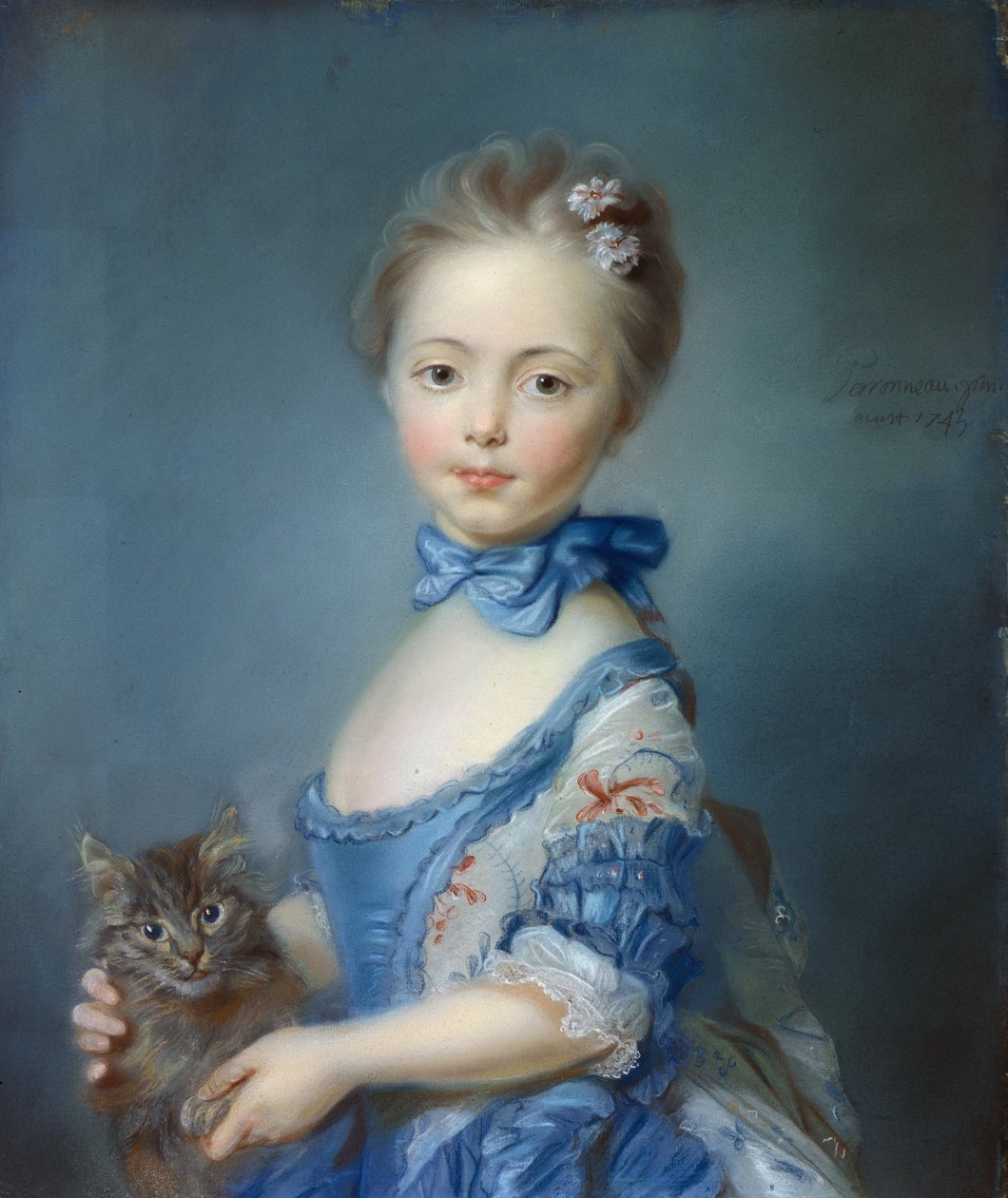 Nuoren tytön muotokuva kissalla” Pastellimaalaus Jean-Baptiste Perroneau (Jean Baptiste Perronneau) (1715-1783) tekijältä Jean Baptiste Perronneau