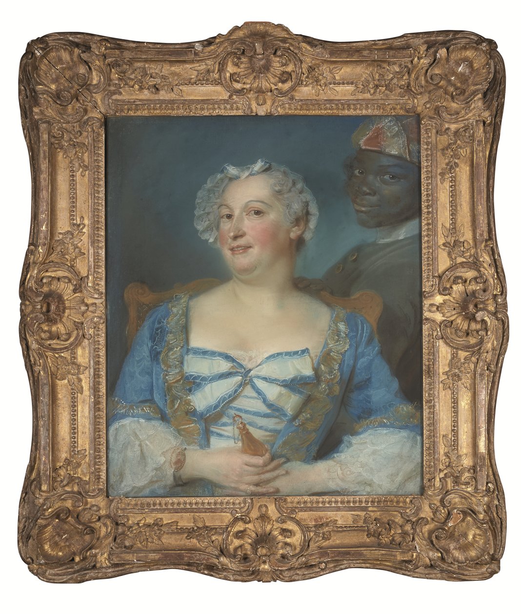 Muotokuva sinipukuinen nainen ja hänen musta palvelijansa tekijältä Jean Baptiste Perronneau