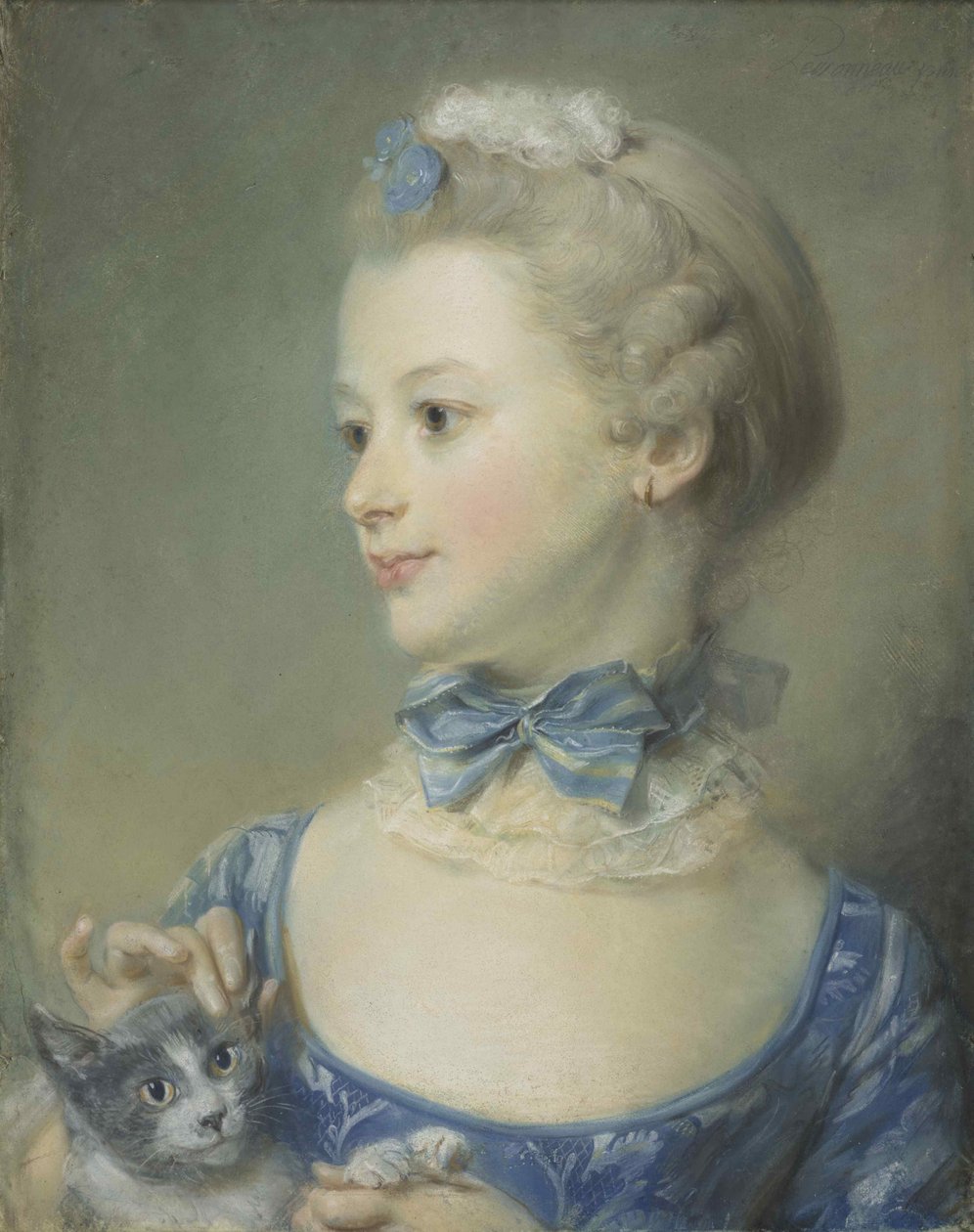 Pieni tyttö kissa Marie-Anne Huquier, 1747. tekijältä Jean Baptiste Perronneau