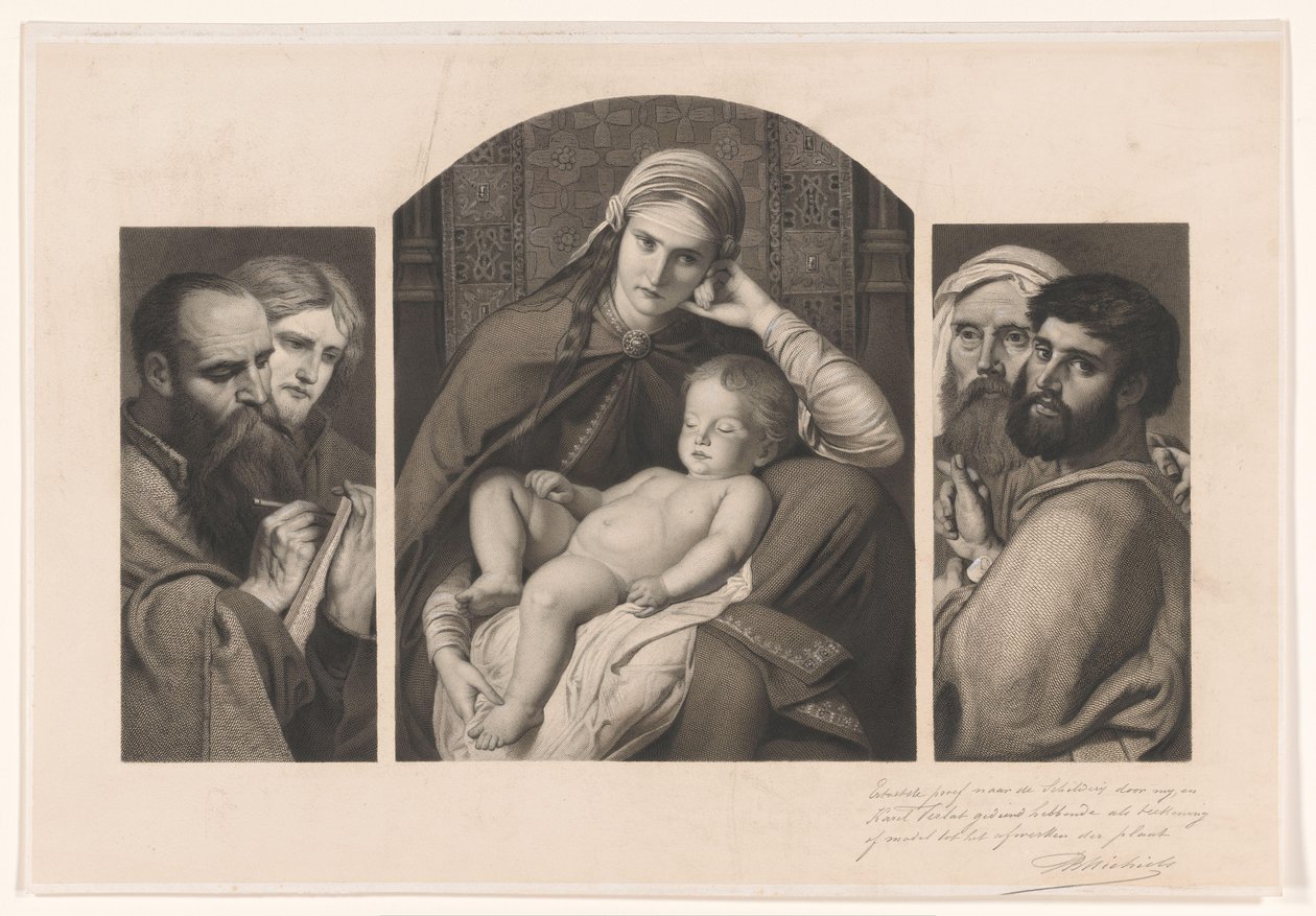 Triptyykki: Maria Kristus sylissään ja kaksi kahden apostolin ryhmää tekijältä Jean Baptiste Pierre Michiels (signed by artist)