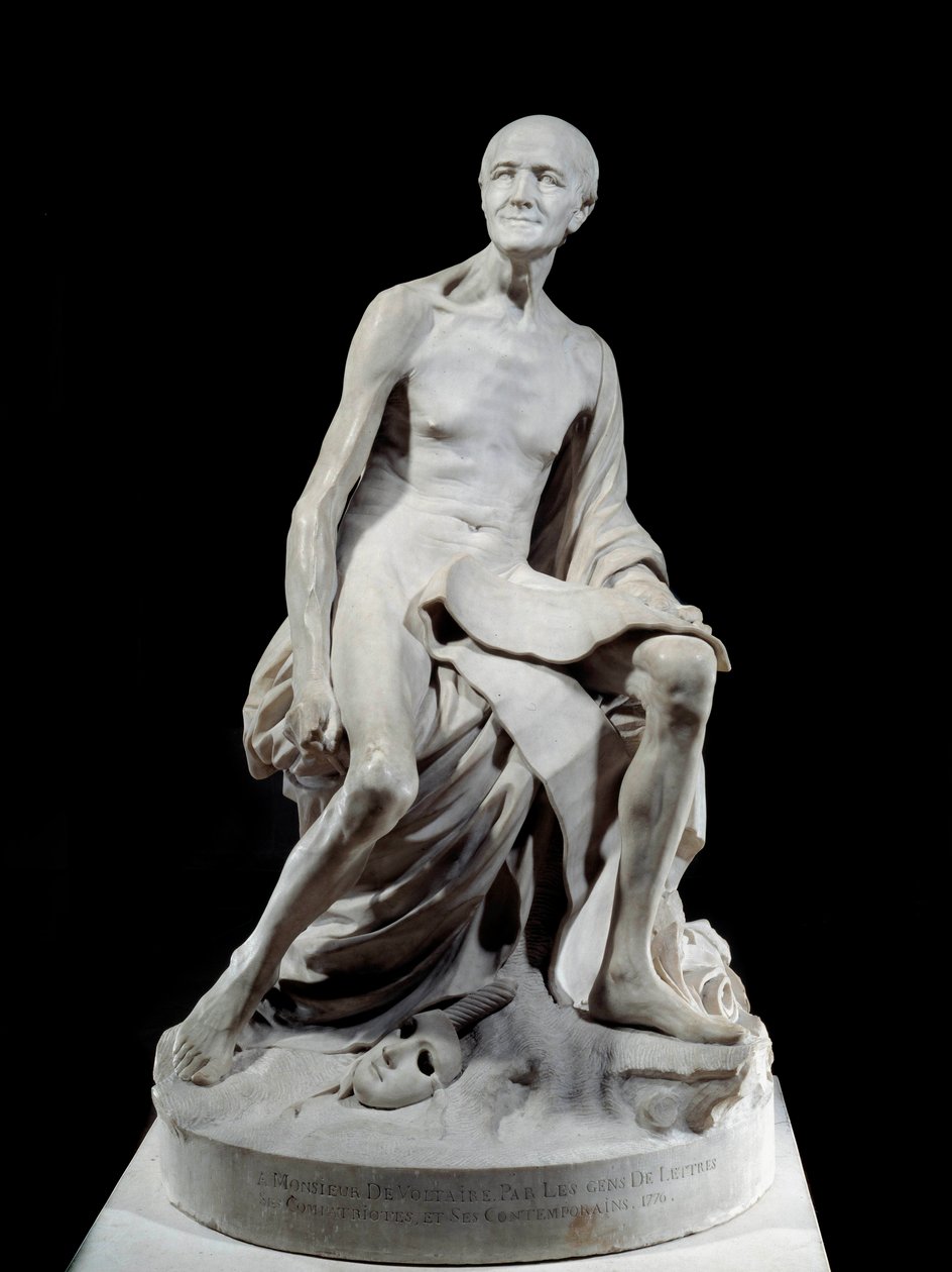 Francois-Marie Arouet dit Voltaire nu (1694-1778) Jean-Baptiste Pigallen (1714-1785) marmoriveistos 1776 Su. 1,5 m Pariisi, Louvre-museo tekijältä Jean Baptiste Pigalle