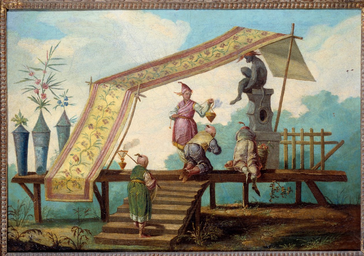 Chinoiserie: Koristeellinen paneeli, joka edustaa kiinalaista tarjontaa. Jean Pillementin (1728-1808) maalaama oven yläosa tekijältä Jean Baptiste Pillement