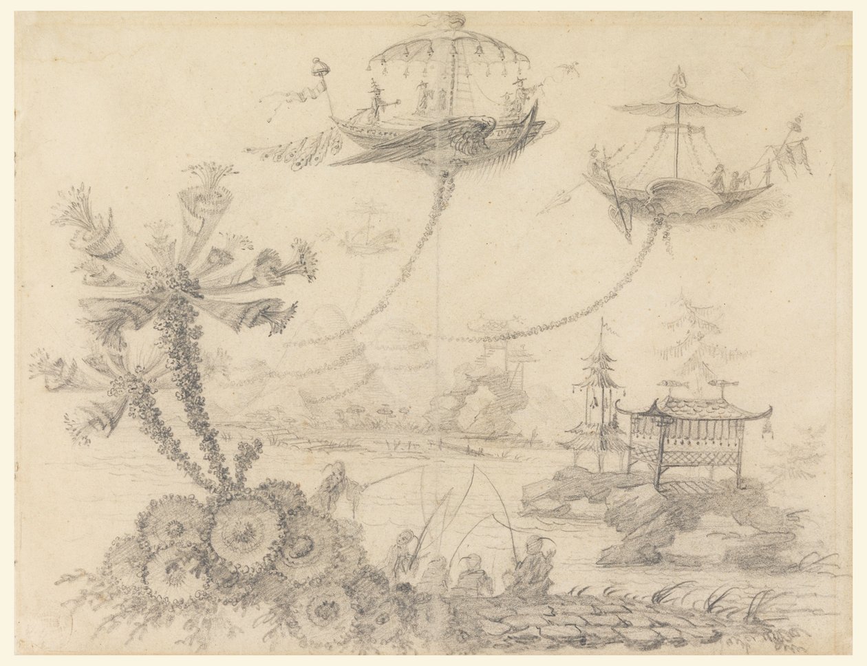 Piirustus, Chinoiserie Fantasy, 1770-90 tekijältä Jean Baptiste Pillement
