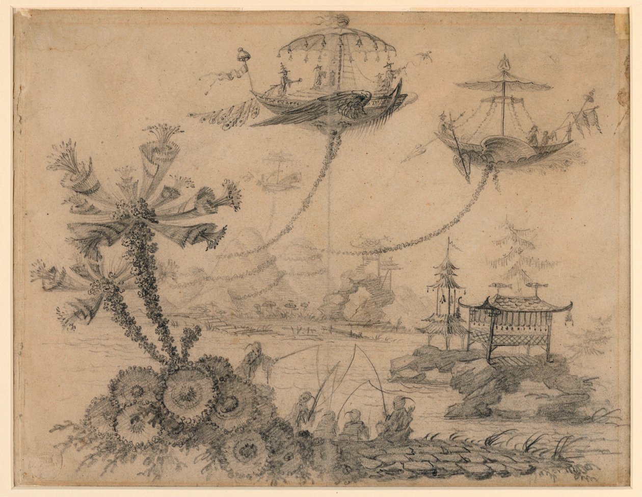 Piirustus, Chinoiserie Fantasy, 1770-90 tekijältä Jean Baptiste Pillement