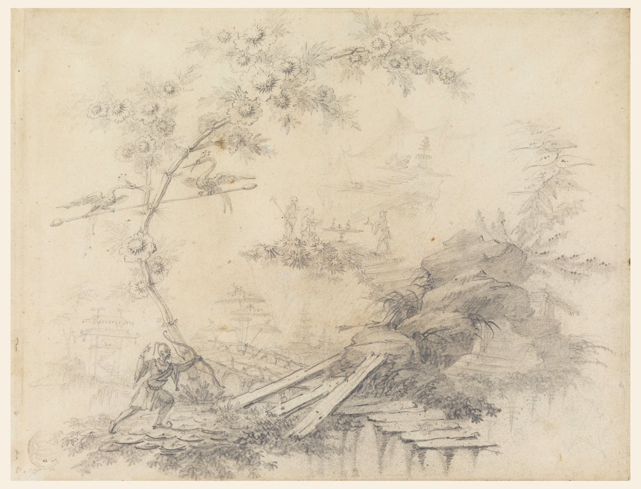 Piirustus, Chinoiserie Fantasy, n. 1780 tekijältä Jean Baptiste Pillement