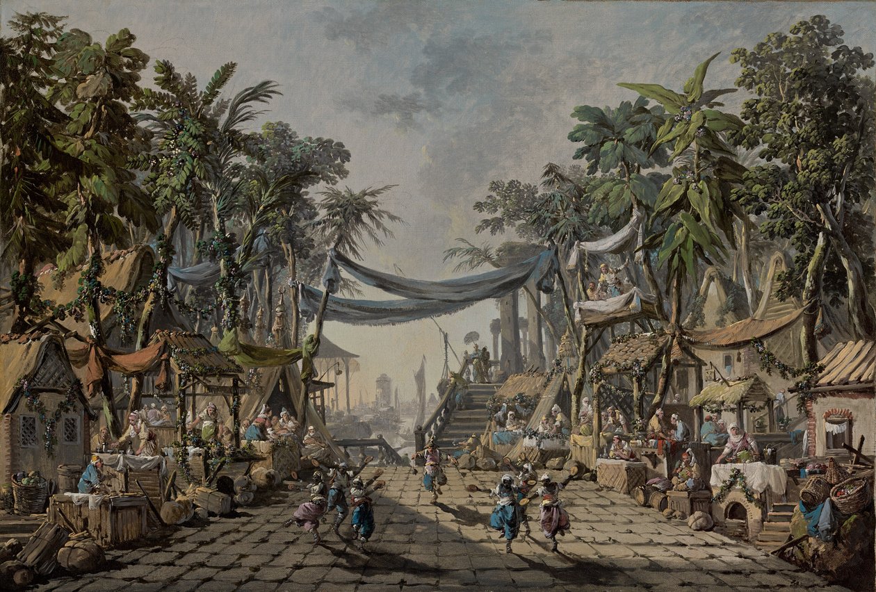 Markkinakohtaus kuvitteellisessa itämaisessa satamassa, n. 1764 (öljy kankaalle) tekijältä Jean Baptiste Pillement