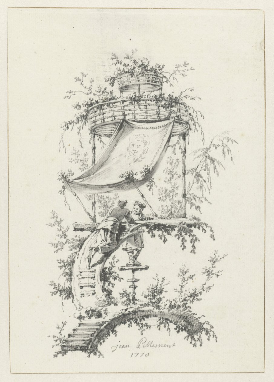 Koristeellinen sävellys chinoiserie-tyyliin Chinoiserie-tyylisiä koristekuvioita Deuxième Cahier de six Baraques Chinoisesille (sarjan nimi) tekijältä Jean Baptiste Pillement