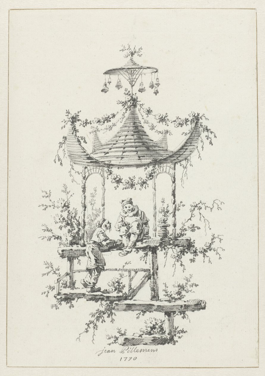 Koristeellinen sävellys chinoiserie-tyyliin Chinoiserie-tyylisiä koristekuvioita Deuxième Cahier de six Baraques Chinoisesille (sarjan nimi) tekijältä Jean Baptiste Pillement