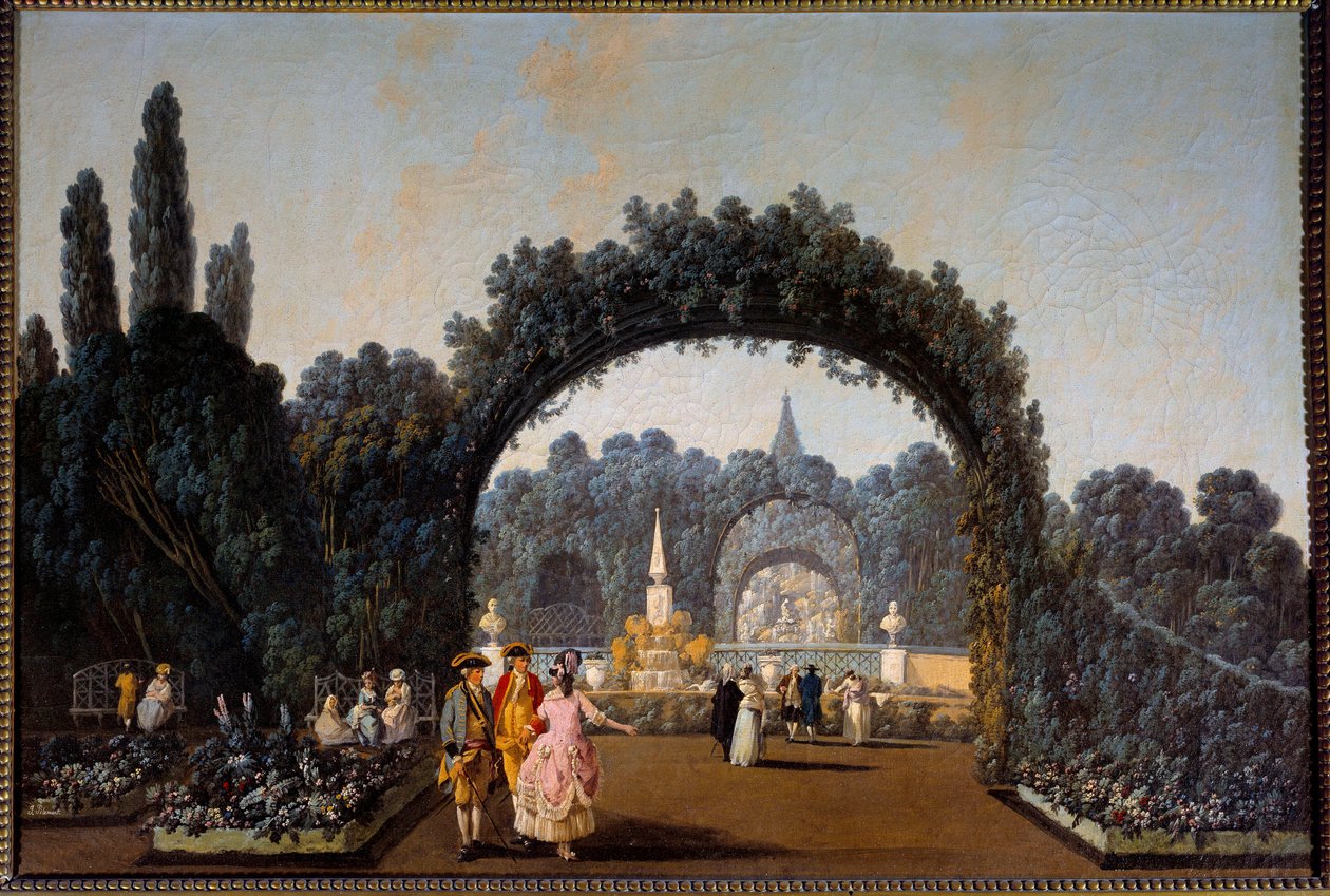 Näkymä Benfican puutarhoista Lissabonissa vuonna 1785 Jean Pillementin (1728-1808) maalaus Pariisi, koristetaide tekijältä Jean Baptiste Pillement
