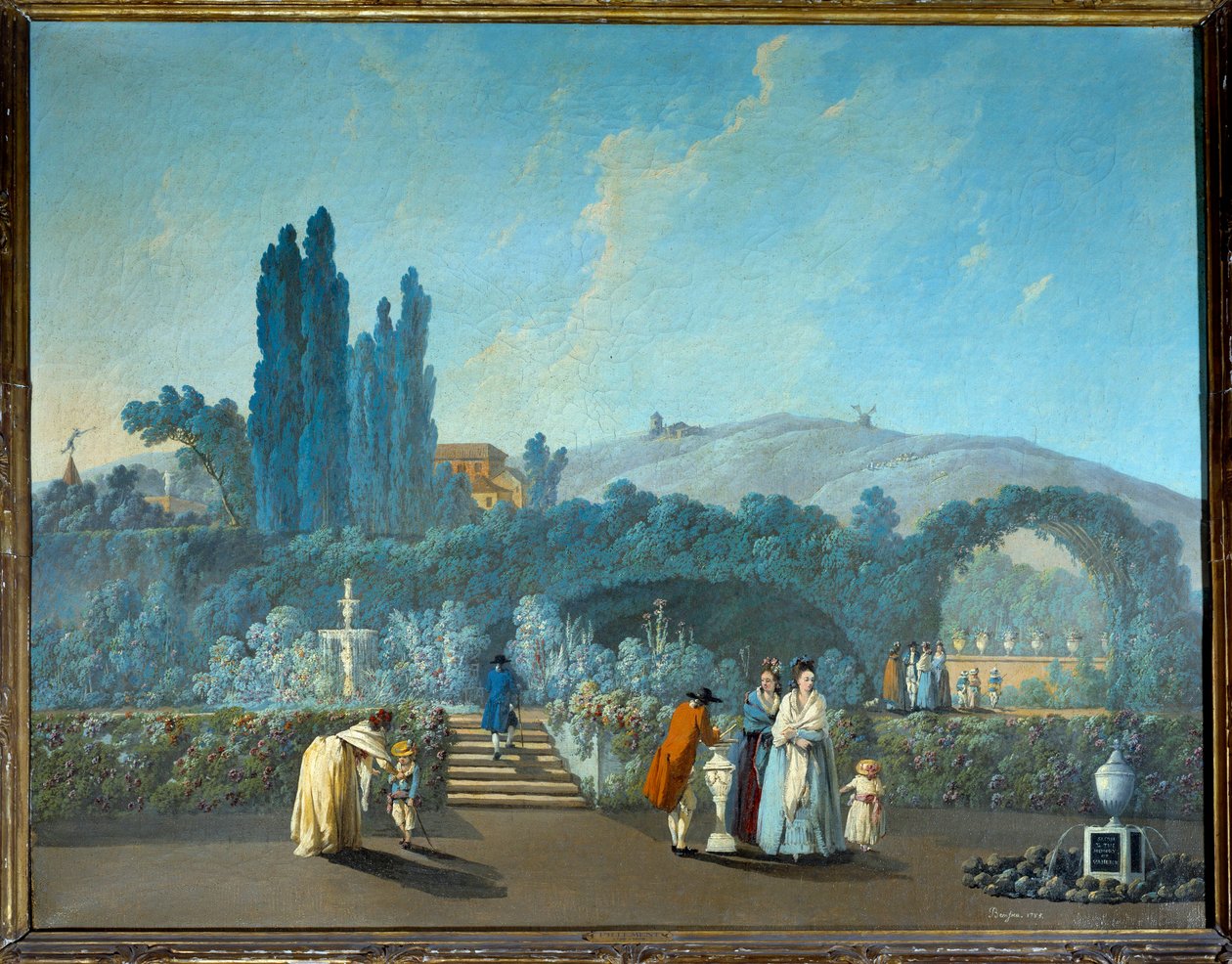 Näkymä Benfican puutarhoista Lissabonissa vuonna 1785 Jean Pillementin (1728-1808) akvarelli 1785 Pariisi, koristetaide tekijältä Jean Baptiste Pillement