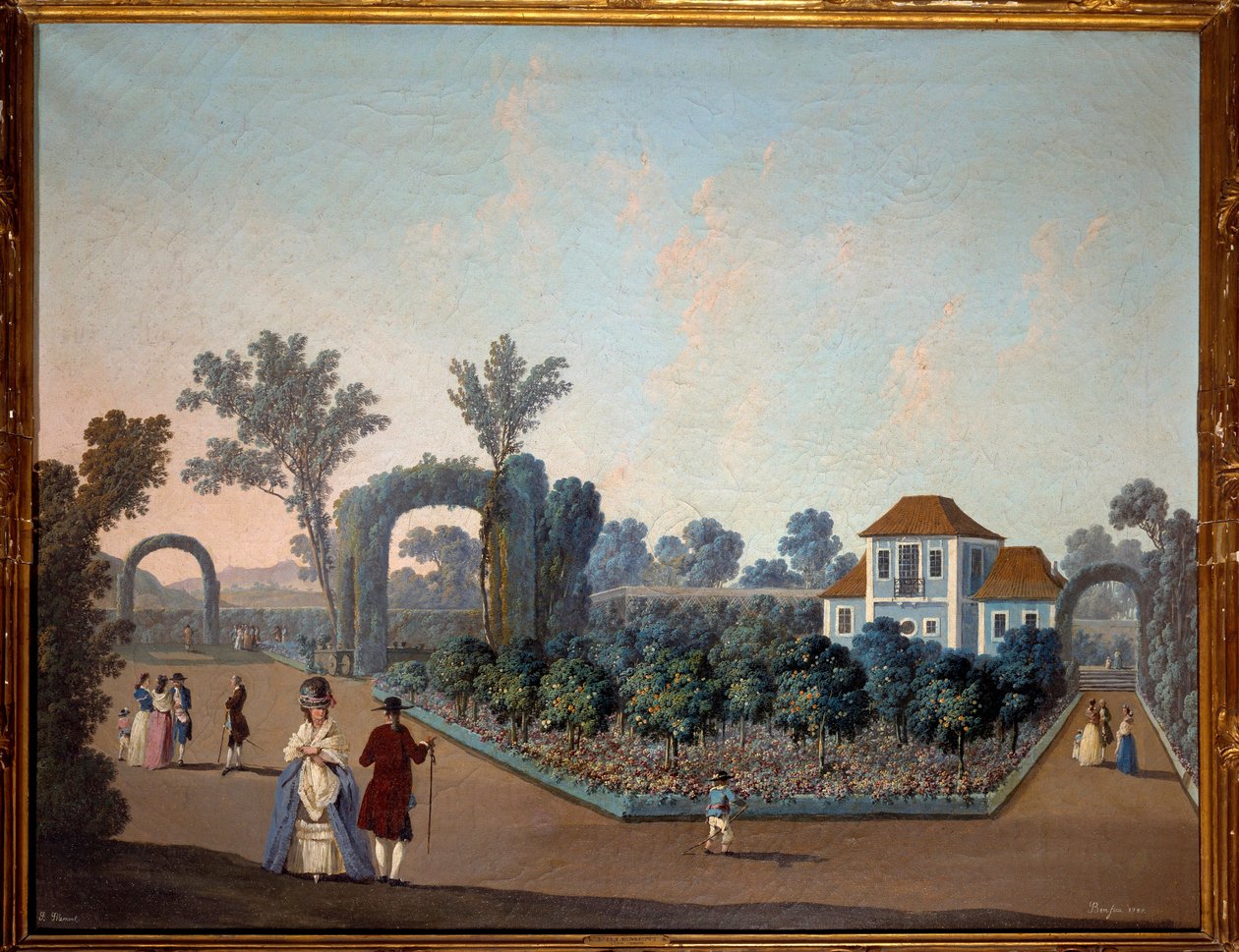 Näkymä Benfican puutarhoista Lissabonissa vuonna 1785 Jean Pillementin (1728-1808) akvarelli 1785 Pariisi, koristetaide tekijältä Jean Baptiste Pillement