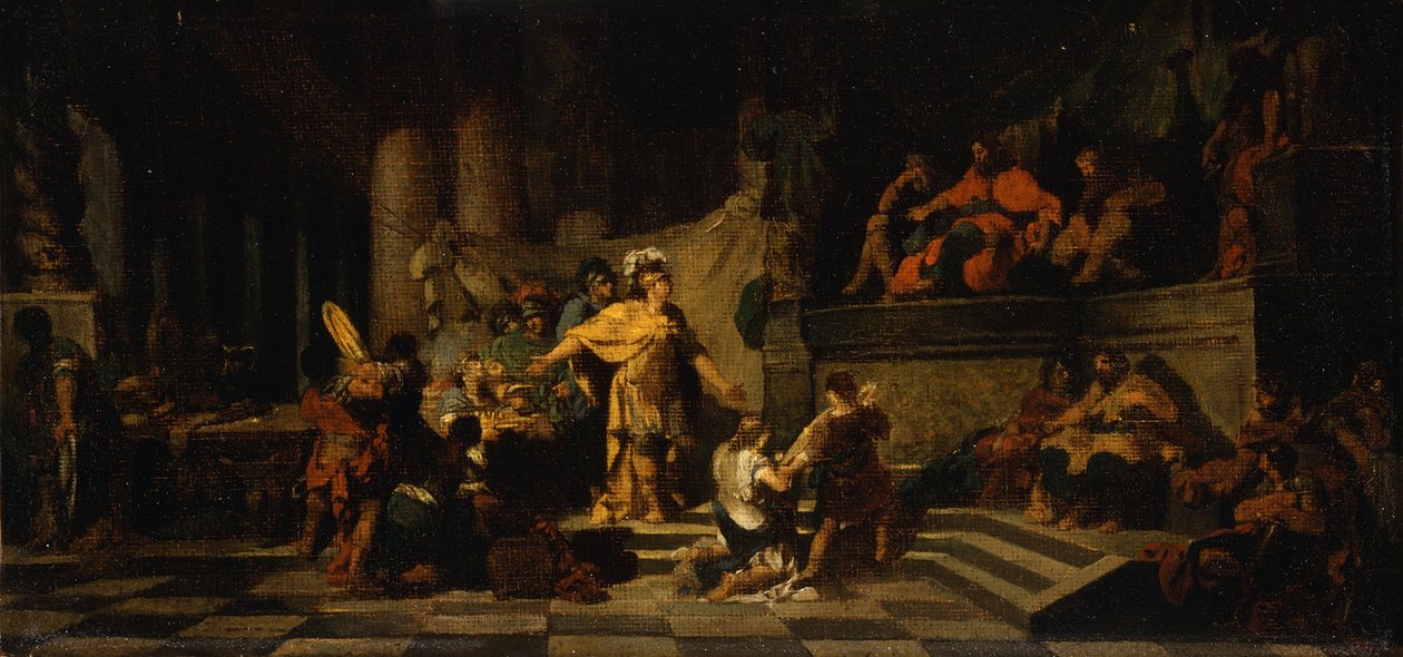Aeneas tarjoaa lahjoja kuningas Latinukselle ja pyytää häneltä tyttärensä kättä, 1778 tekijältä Jean Baptiste Regnault