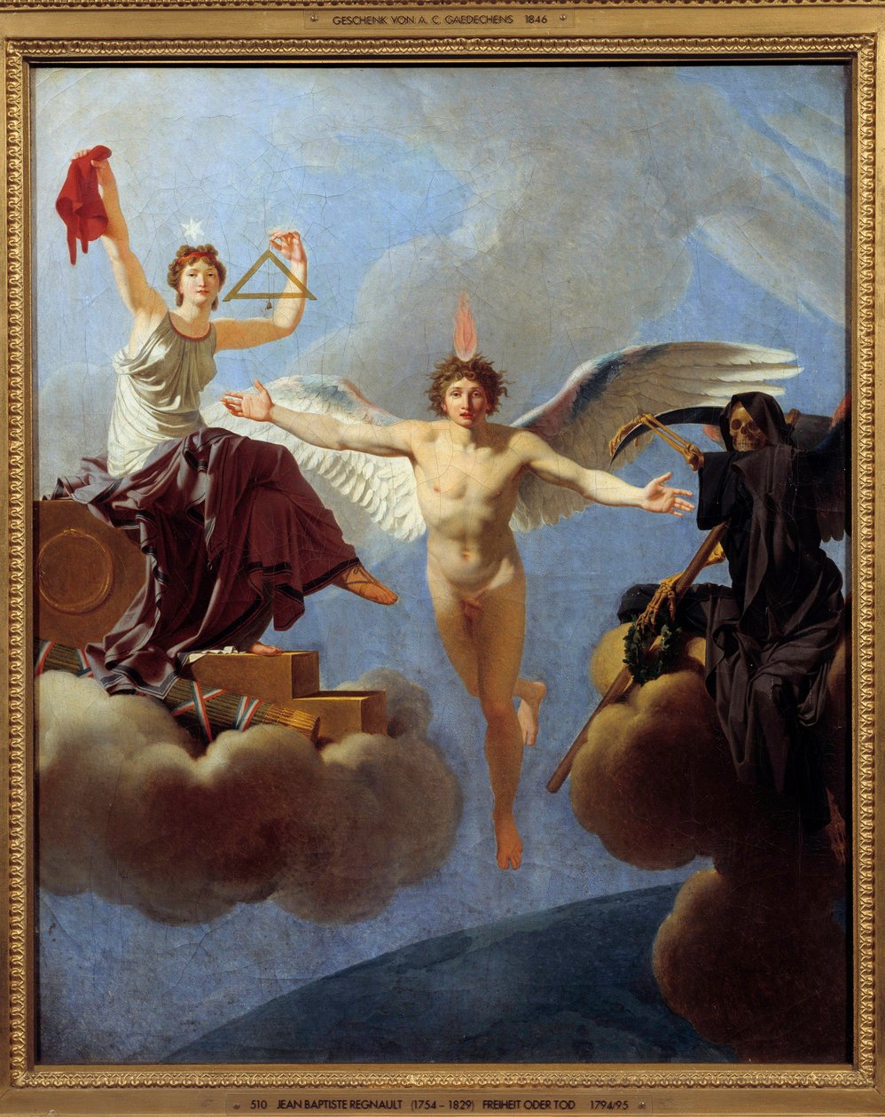 Vasemmalla La Liberte ou la Mort Allegorie de la Liberte, jota peittää Diademe de la Reason, Siecle des Lumieresin perintö. Vasemmalla kädellä hän käyttää neliötä ja lyijylankaa, jotka symboloivat tasa-arvoa kansalaisuudessa. Se ilmentää t:n arvoja tekijältä Jean Baptiste Regnault