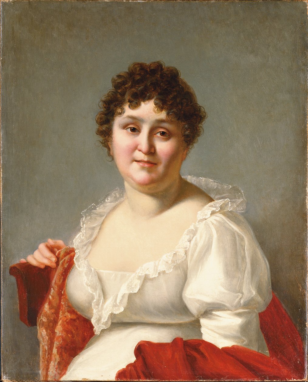 Madame Regnaultin muotokuva, rintakuva, valkoisessa mekossa ja kakihuivissa (öljy kankaalle) tekijältä Jean Baptiste Regnault
