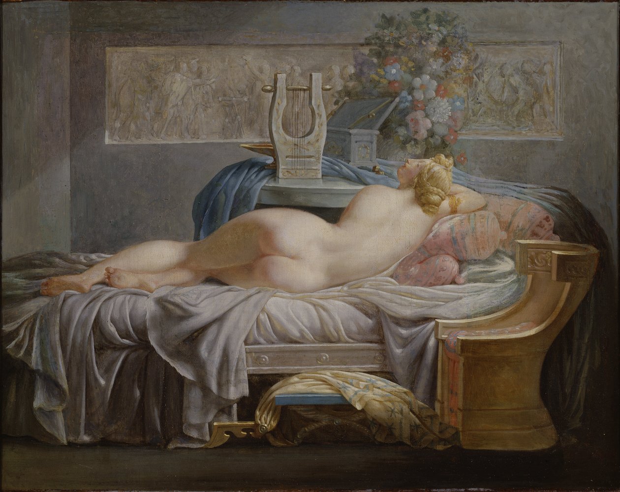 Sappho (630-580 avant JC) - Sappho, kirjoittanut Regnault, Jean Baptiste (1754-1829). Öljy kankaalle. Mitat: 42x53 cm. Tukholman kansallismuseo tekijältä Jean Baptiste Regnault