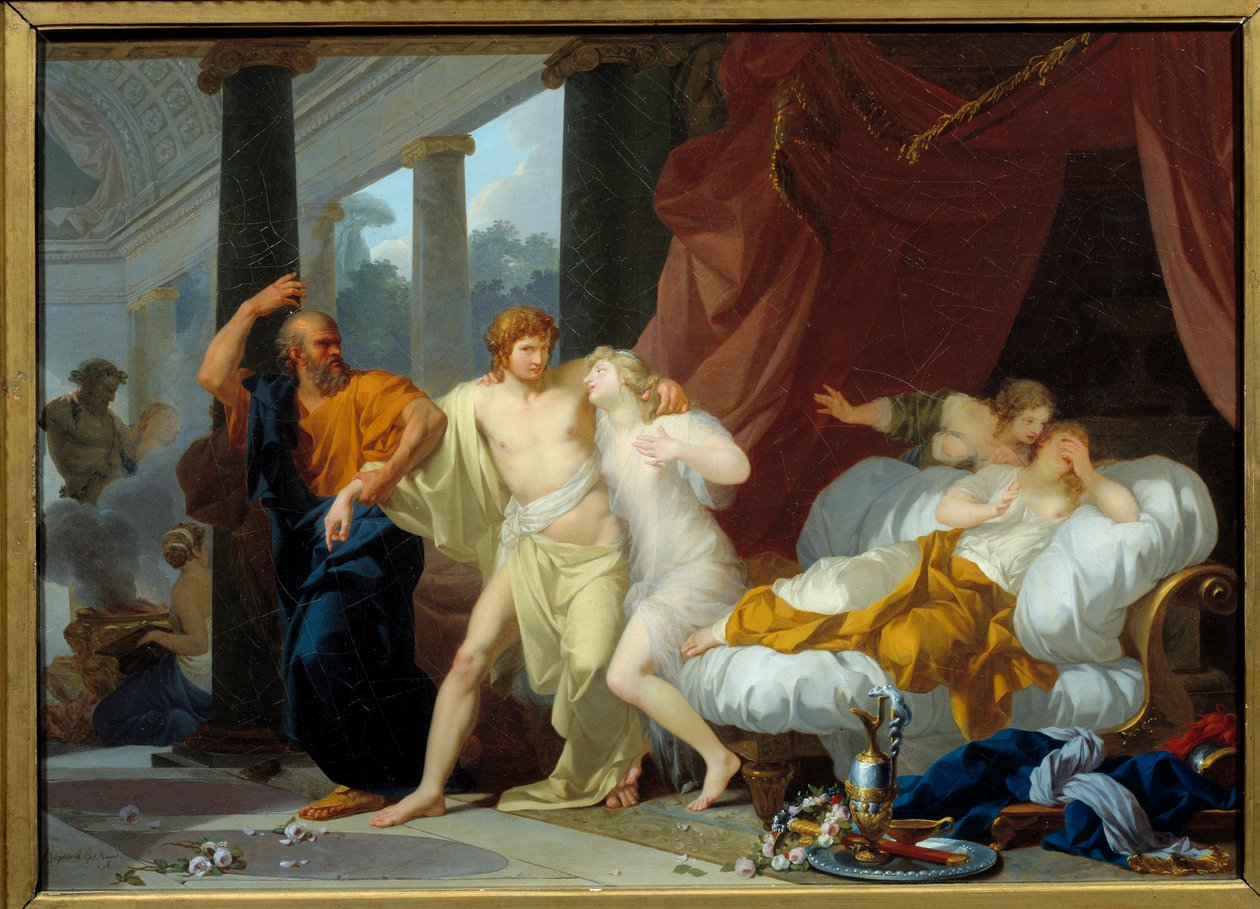 Sokrates vetää Alkibiaden ulos volupten helmasta Filosofi Sokrates kouluttaa opetuslapsensa Alkibiaden (450-404 eKr.) pois kadotuksen paikoista. Jean Baptiste Regnaultin (1754-1829) maalaus 1791 su. 0,46x0,63 m tekijältä Jean Baptiste Regnault