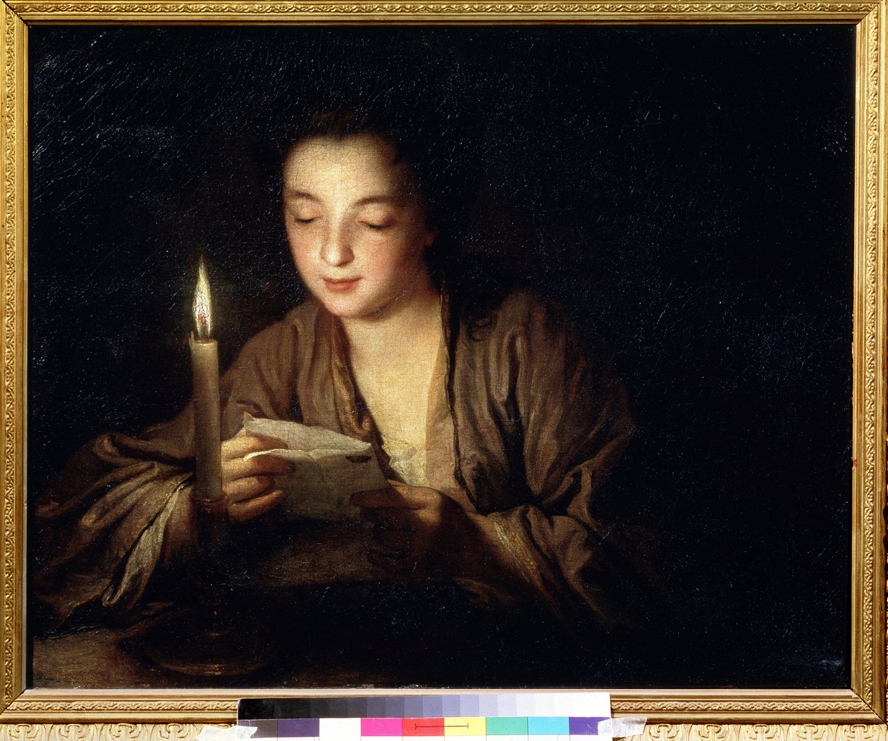 Tyttö kynttilän kanssa. Jean Baptiste Santerren (1658-1717) maalaus. Öljy kankaalle, 64 x 79 cm, noin 1700. 1700-luvun ranskalaista taidetta. Pushkinin taidemuseo, Moskova. tekijältä Jean Baptiste Santerre