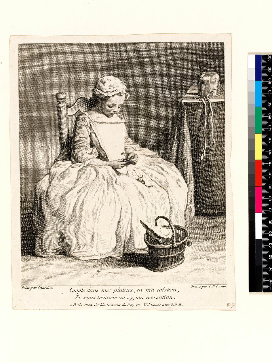Pikkutyttö lounaansa kanssa (La Petite Fille aux Cerises), kaiverrus Charles Nicolas Cochin I (1688-1754) 1738 (etsaus ja kaiverrus) tekijältä Jean Baptiste Simeon (after) Chardin