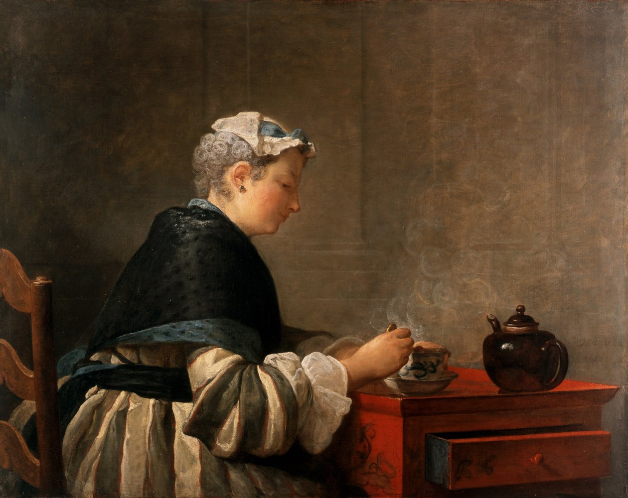 Nainen juomassa teetä, 1735 tekijältä Jean Baptiste Simeon Chardin