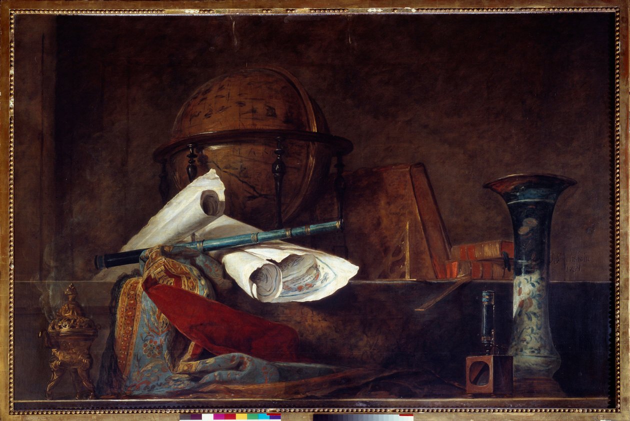 Tieteen allegoria Asetelma, maapallo, maantieteelliset kartat, kirjat ja maljakko. Jean Baptiste Simeon Chardinin (1699-1779) maalaus 1700-luvun Pariisi, Musee Jacquemart Andre tekijältä Jean Baptiste Simeon Chardin