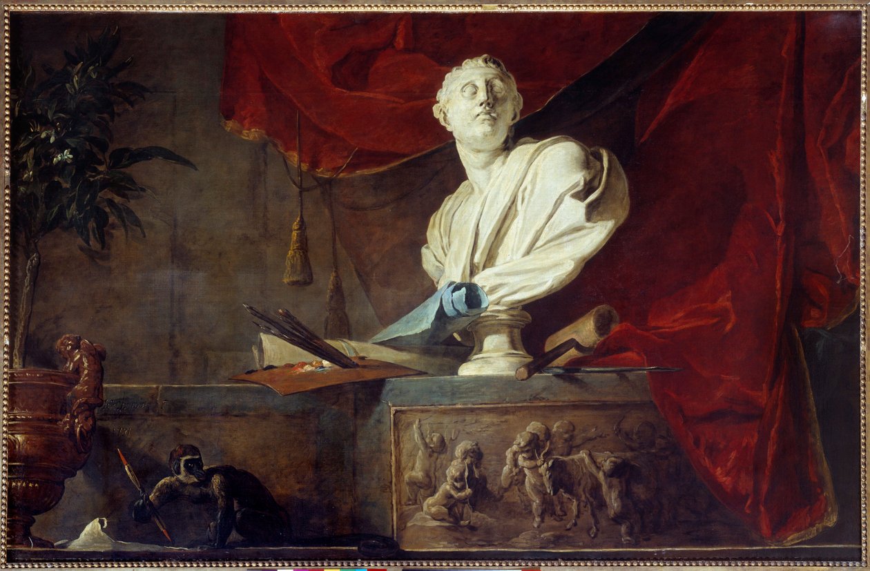 Taiteen allegoria Asetelma veistetty rintakuva, paletti ja siveltimet, kangas, tela. Jean Baptiste Simeon Chardinin (1699-1779) maalaus 1700-luvun Pariisi, Musee Jacquemart Andre tekijältä Jean Baptiste Simeon Chardin