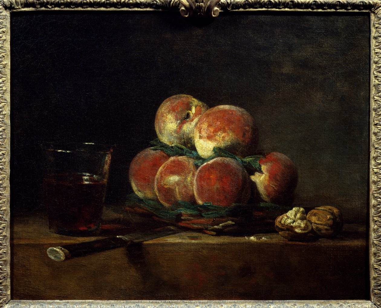 Peche-kori pähkinöillä, veitsi ja lasi viiniä Jean Baptiste Simeon Chardinin (1699-1779) maalaus 1768 Dim. 0,32x0,39 m Pariisi, Musee du Louvre tekijältä Jean Baptiste Simeon Chardin
