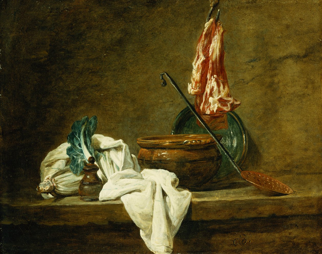 Punajuuret, maustelaatikko, tiskirätti, kattila, lasitettu savilautanen, kuoriva, liha koukulla, kielekkeellä, 1734 tekijältä Jean Baptiste Simeon Chardin