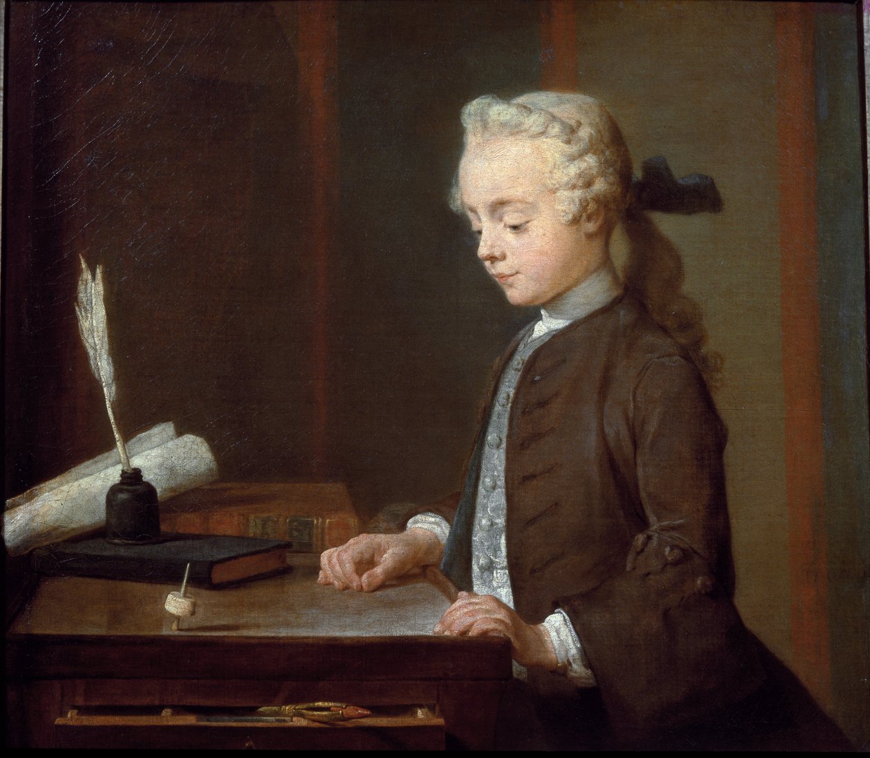 Poika, jolla on spinning-top (tai lapsi, jolla on teetotum) - öljy kankaalle tekijältä Jean Baptiste Simeon Chardin