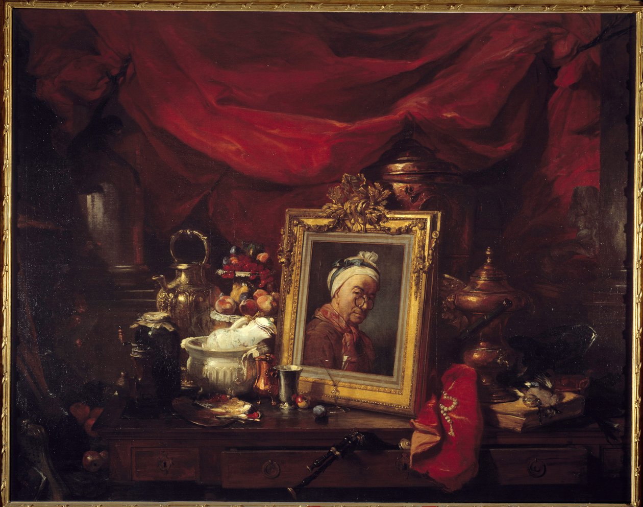 Chardin ja hänen mallinsa. Taulukko taulukossa (abyme). Jean Baptiste Simeon Chardinia (1699-1779) kuvaava maalaus ympäröi asetelmia. Philippe Rousseaun (1816-1887) maalaus 1867 su. 1,77x2,26 m Pariisi, museo d