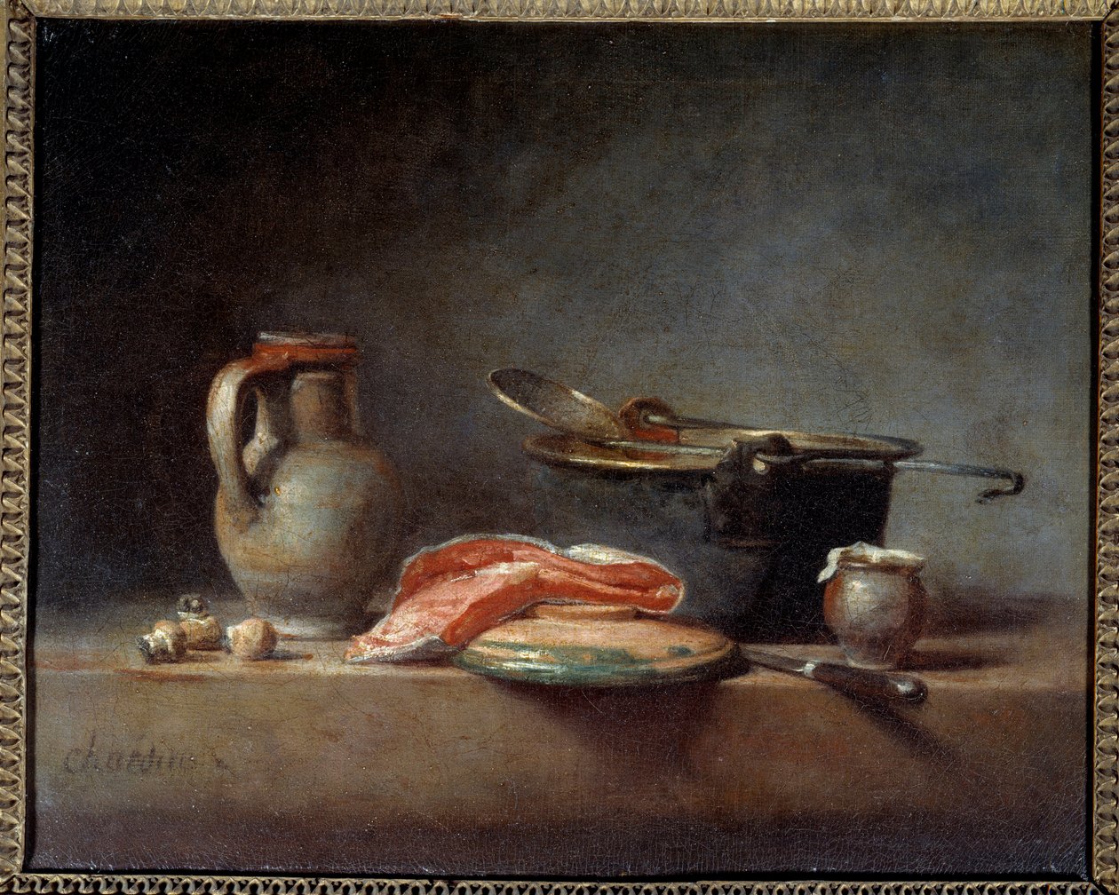 Kuparipannu, keritin, kannu ja lohiviipale. Asetelma. Jean Baptiste Simeon Chardin (1699-1779) tekijältä Jean Baptiste Simeon Chardin