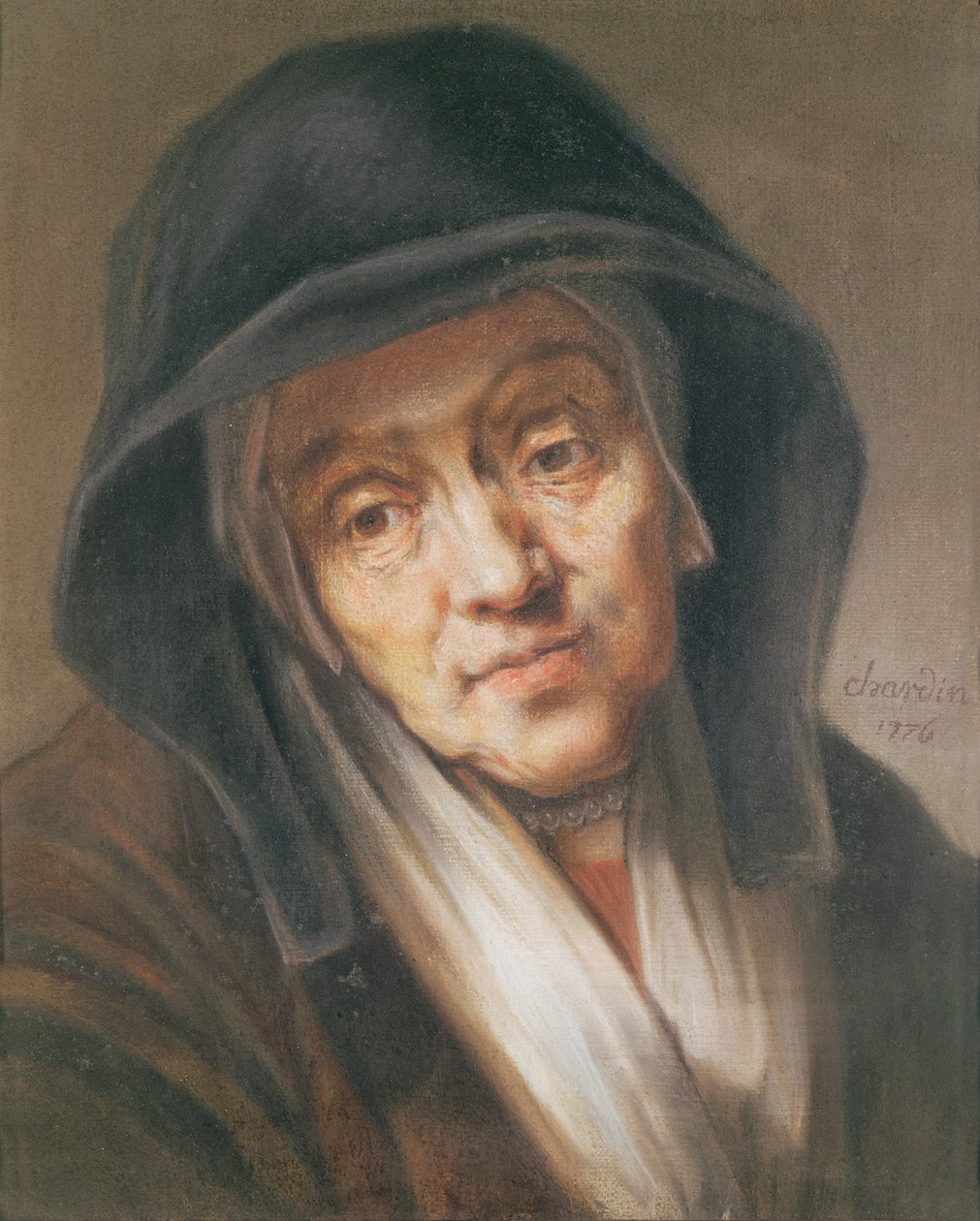 Kopio Rembrandtin muotokuvasta hänen äidistään, 1776 (pastelli paperille) tekijältä Jean Baptiste Simeon Chardin
