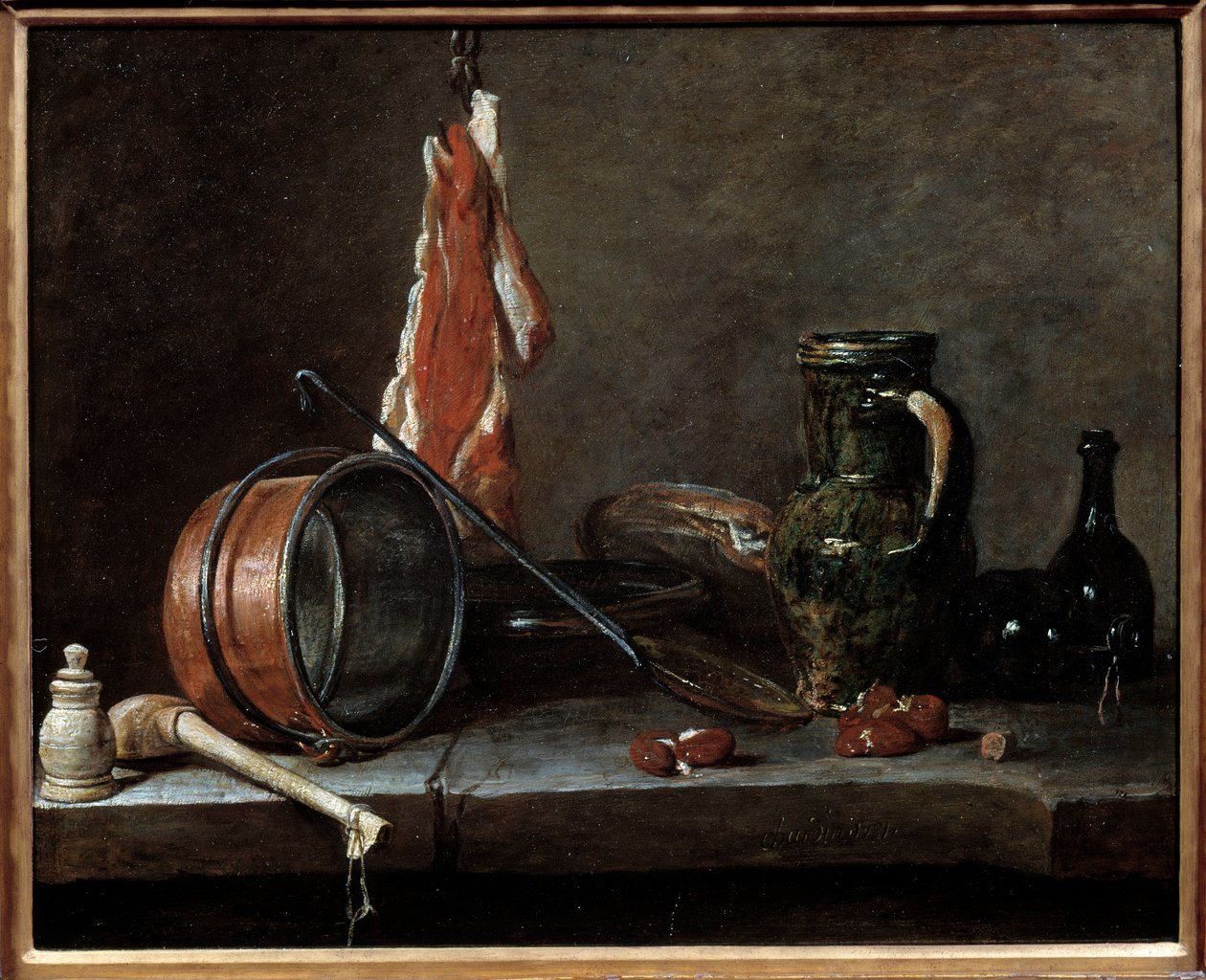 Rasvamenu ja keittiövälineet. Asetelma. Jean Baptiste Simeon Chardinin (1699-1779) maalaus tekijältä Jean Baptiste Simeon Chardin