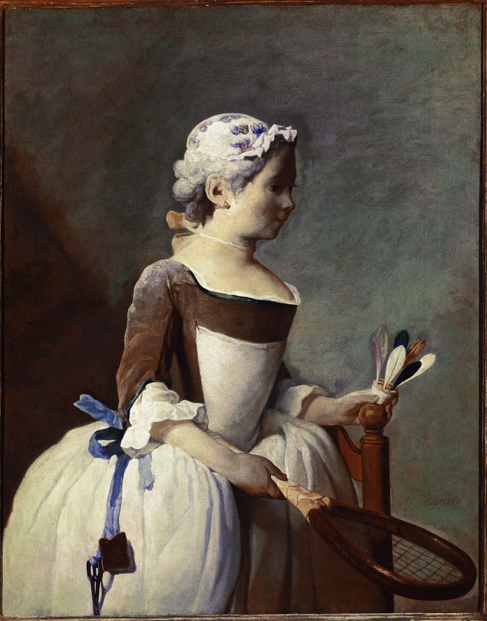 Tyttö mailalla ja sulkapallolla (öljy kankaalle, n. 1737) tekijältä Jean Baptiste Simeon Chardin