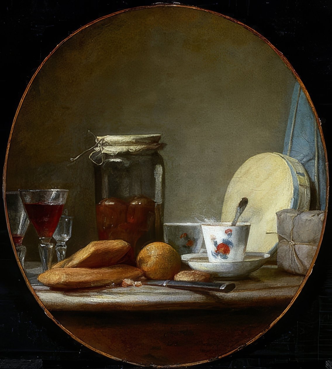 Lasi aprikooseilla. 1758 tekijältä Jean Baptiste Simeon Chardin