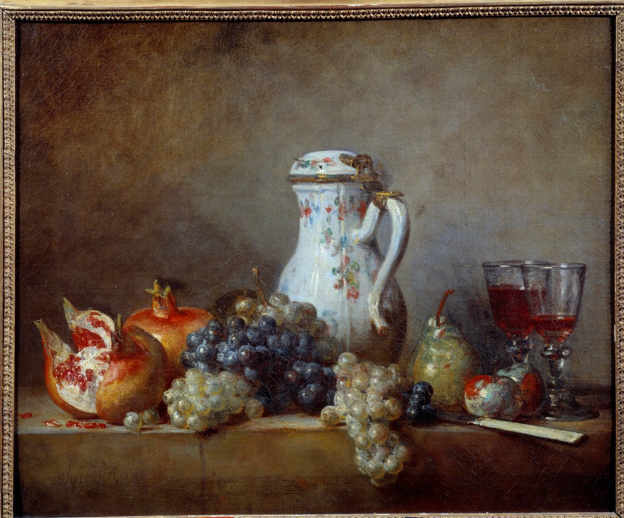 Jean Baptiste Simeon Chardinin (1699-1779) maalaus viinirypäleistä ja kranaateista 1763 su. 0,47x0,57 m - Rypäleet ja granaattiomenat. Jean Baptiste Simeon Chardinin (1699-1779) maalaus tekijältä Jean Baptiste Simeon Chardin