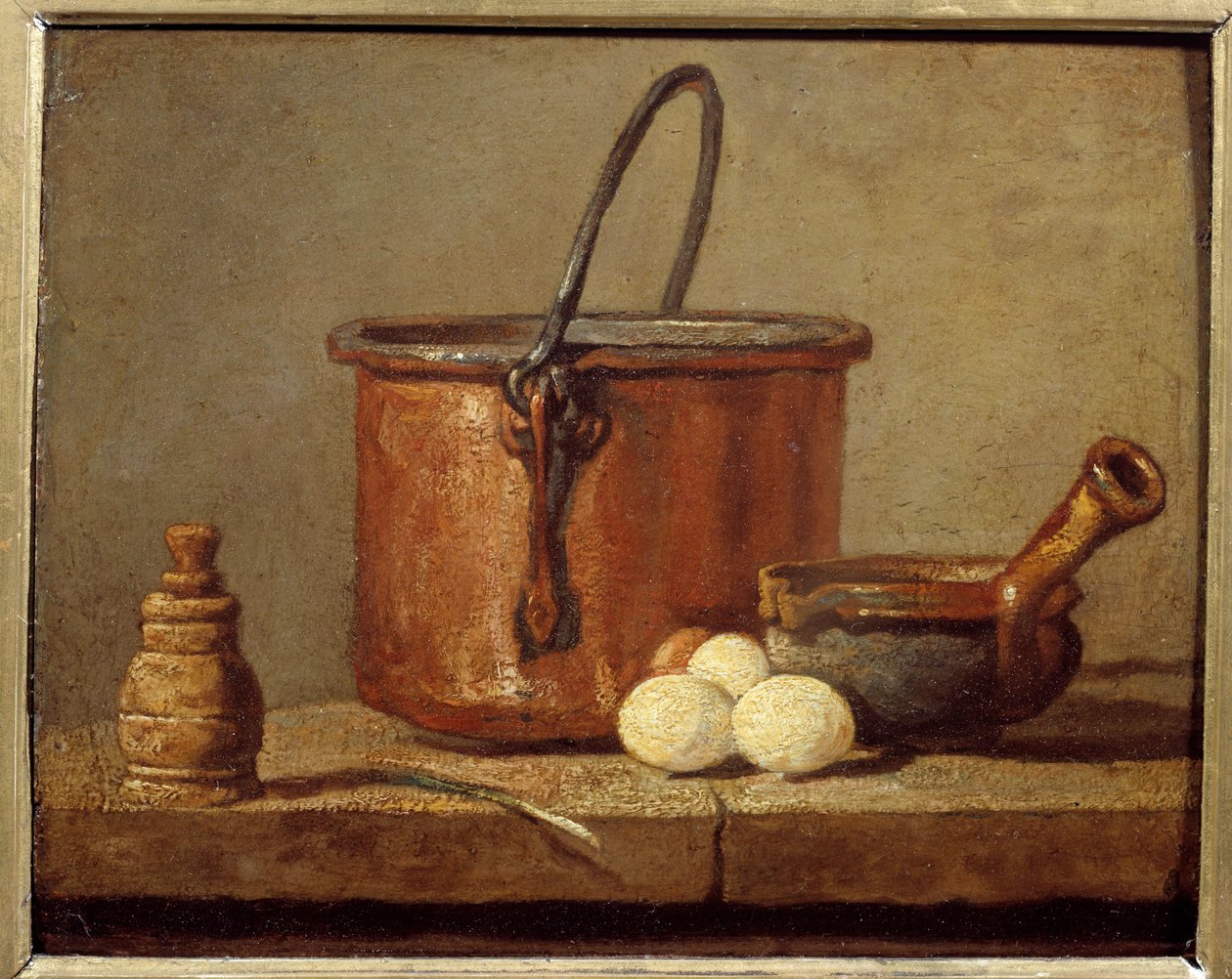 Keittiövälineet, pata, poelon ja munat Jean baptiste Simeon Chardinin (1699-1779) maalaus 1700-luvun su. 0,21 x 0,17 m tekijältä Jean Baptiste Simeon Chardin