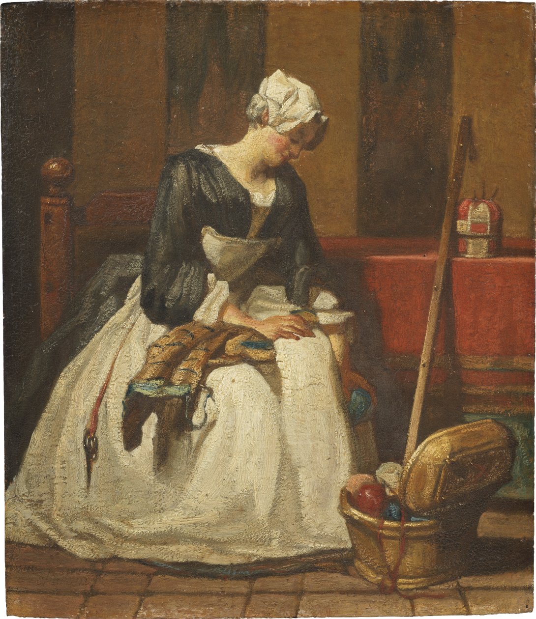 La brodeuse - Kirjontatar, kirjoittanut Chardin, Jean Baptiste Simeon (1699-1779). Öljy puulle. Mitat: 19 x 16,5 cm. Tukholman kansallismuseo tekijältä Jean Baptiste Simeon Chardin
