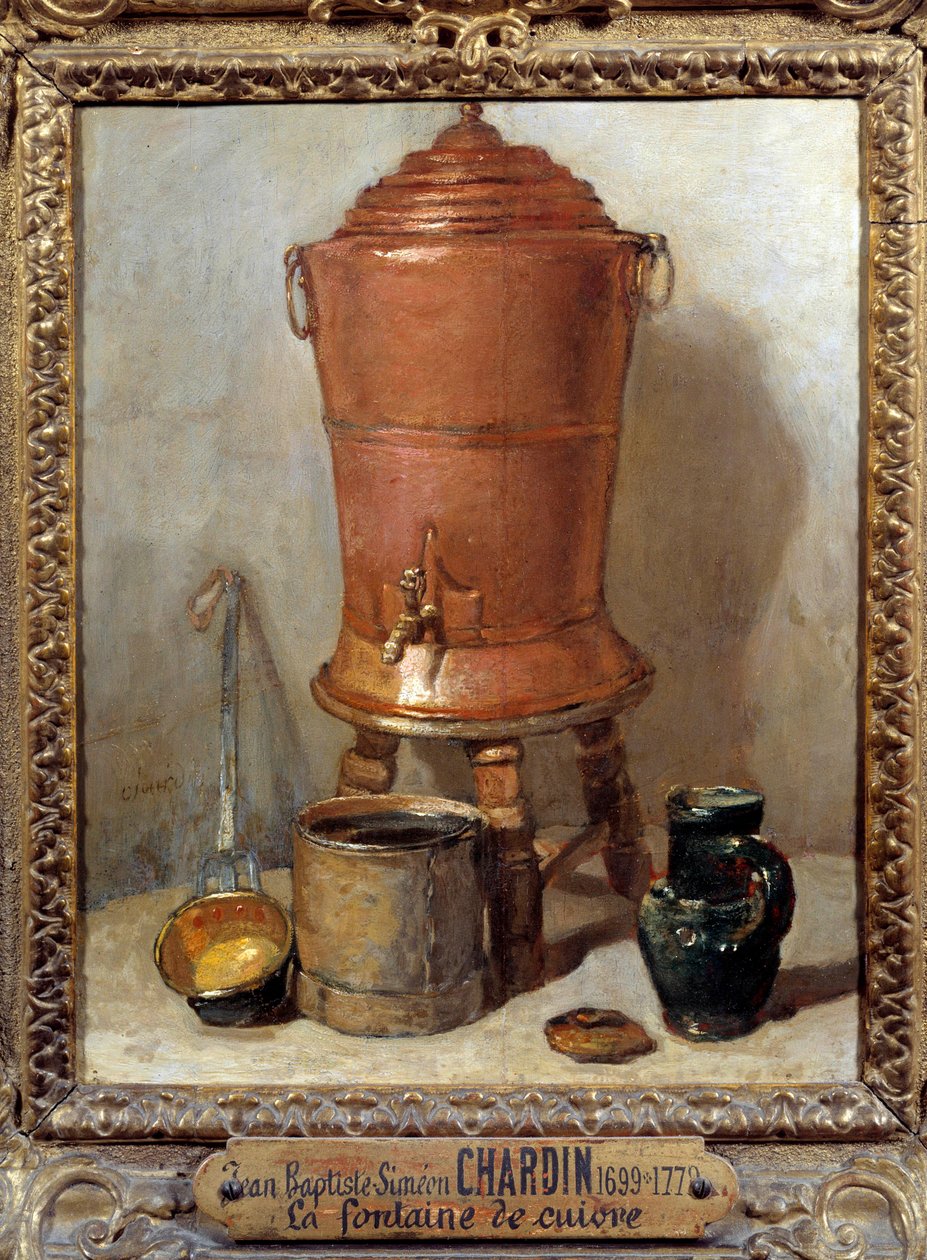 La fontaine de kuparimaalaus Jean Baptiste Simeon Chardin (1699-1779) 1733 Dim. 0,28x0,23 m - Kuparinen juomalähde. Jean Baptiste Simeon Chardinin (1699-1779) maalaus tekijältä Jean Baptiste Simeon Chardin