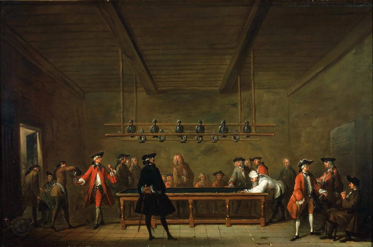 Biljardipeli The Billiard Match, c. 1725. tekijältä Jean Baptiste Simeon Chardin