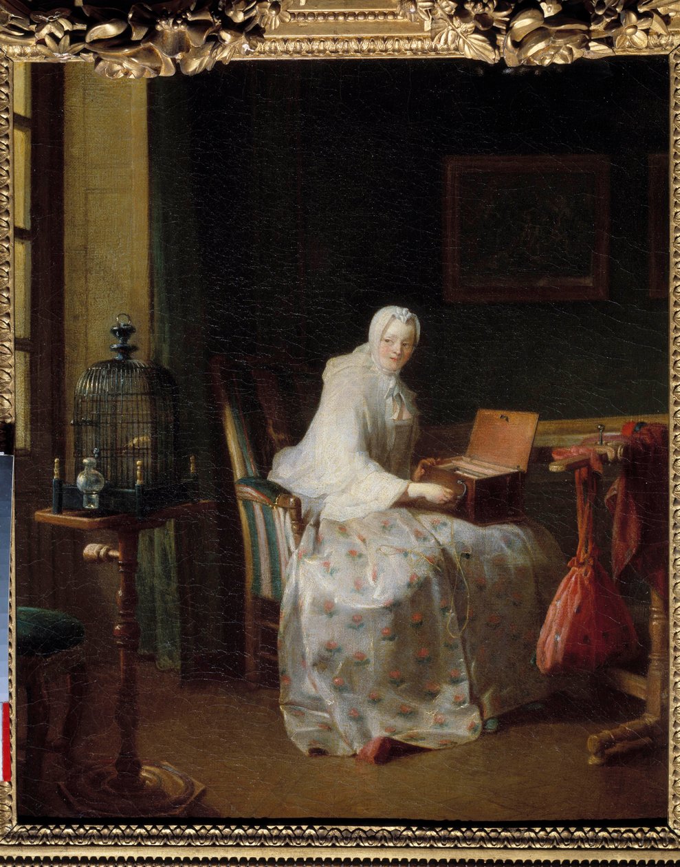 La serinette ou dame -variantti ses huvituksia Jean Baptiste Simeon Chardinin (1699-1779) maalaus 1700-luvun su. 0,50 x 0,43 m tekijältä Jean Baptiste Simeon Chardin