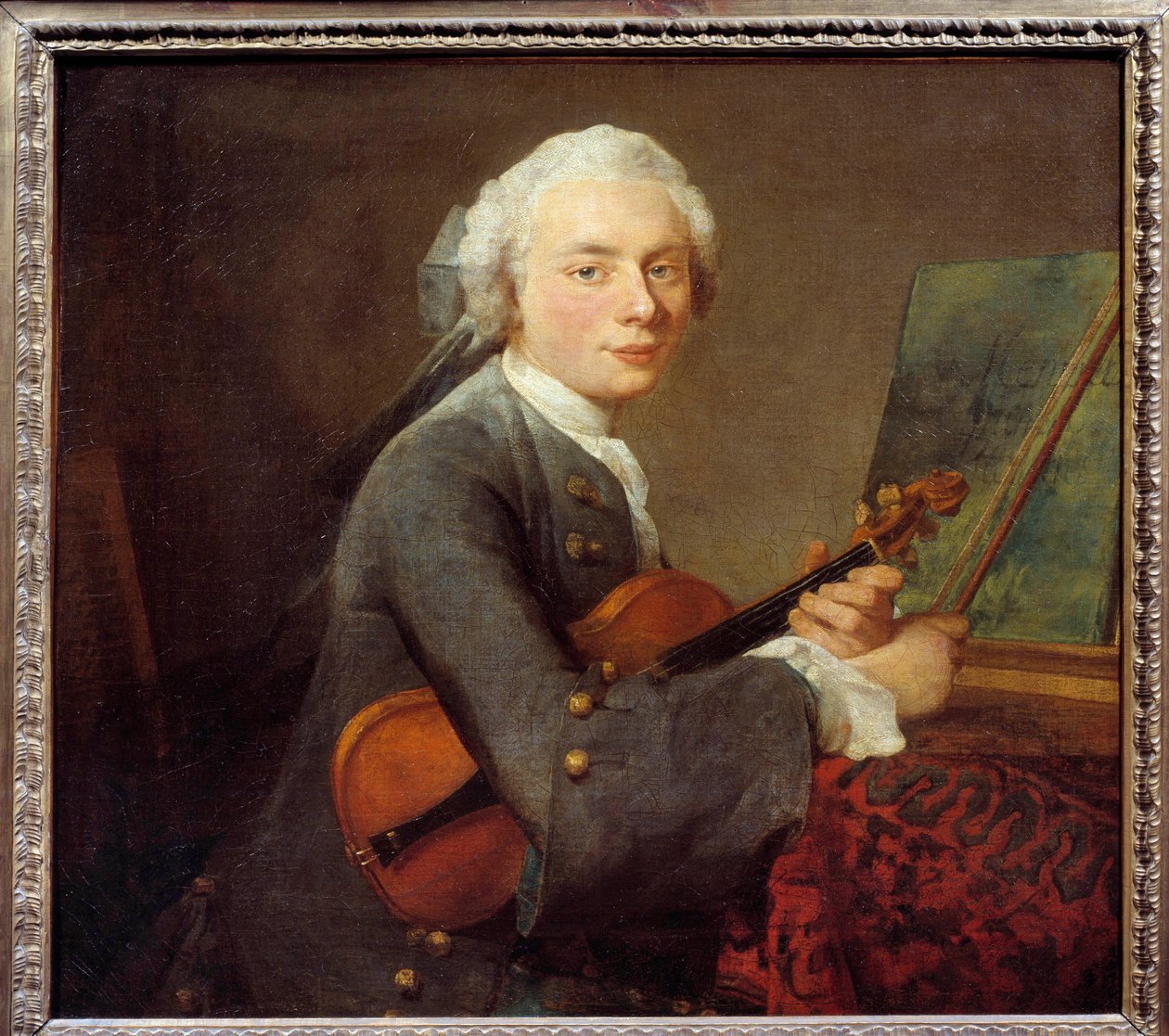 Nuori mies viululla tai muotokuva Charles Theodose Godefroysta (1718-1796) Jean Baptiste Simeon Chardinin (1699-1779) maalaus Sun. 0,67 x 0,74 m - Nuori mies viululla tai Charles Theodose Godefroyn (1718-1796) muotokuva. Maalaus Jean-Baptiste S tekijältä Jean Baptiste Simeon Chardin
