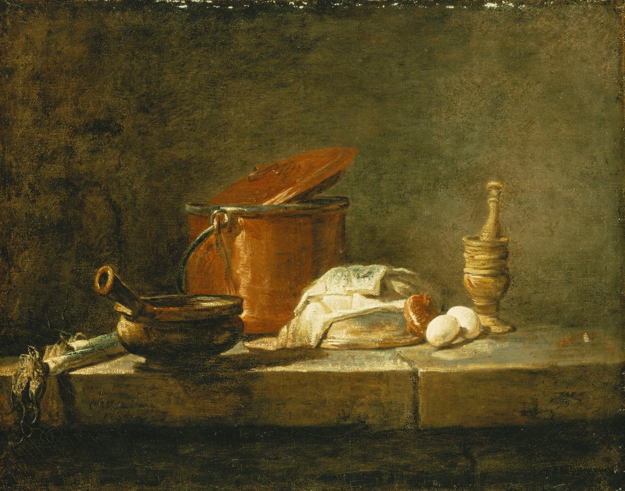 Purjo, vuoka, kuparinen kattila kannella, kalaviipale, sipuli ja kaksi munaa, survin ja huhmare, kielekkeellä, 1734 tekijältä Jean Baptiste Simeon Chardin