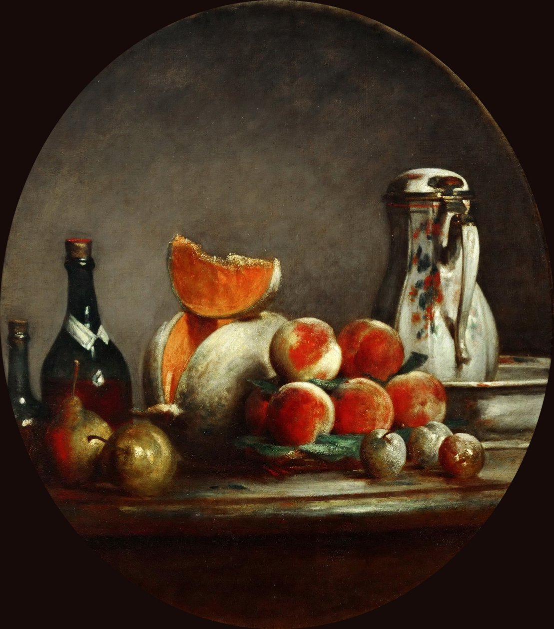 Melonit, päärynät, persikat ja luumut eli leikattu meloni, 1760 tekijältä Jean Baptiste Simeon Chardin