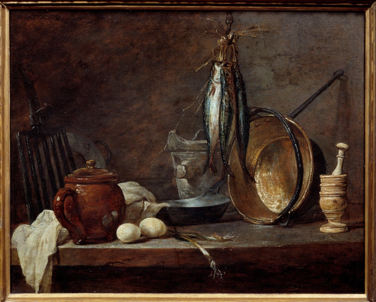 Ruokalista vähärasvaisia ja keittiövälineitä. Asetelma. Jean Baptiste Simeon Chardinin (1699-1779) maalaus tekijältä Jean Baptiste Simeon Chardin